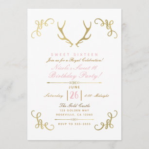 Gold Faux Foil Rustic Deer Antlers Sweet 16 Party Invitation