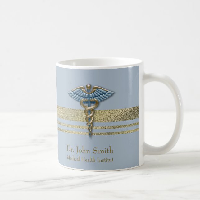 Gold Faux Foil Stripes Medical Light Blue Caduceus Coffee Mug (Right)