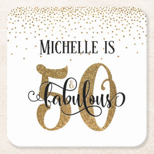 Gold Faux Glitter 50 & Fabulous White Birthday Square Paper Coaster
