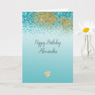 Gold Faux Glitter Aqua Heart Birthday Card