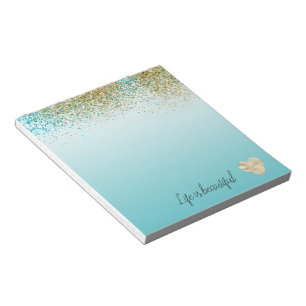 Gold Faux Glitter Aqua Ombre Heart   Notepad