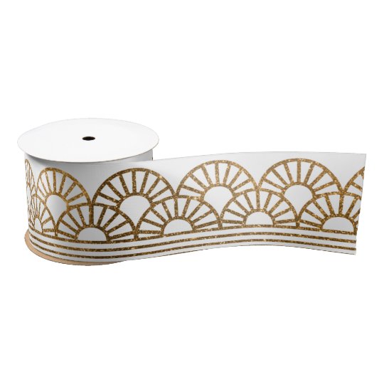 Gold Faux Glitter Art Deco Fan Pattern on White Satin Ribbon