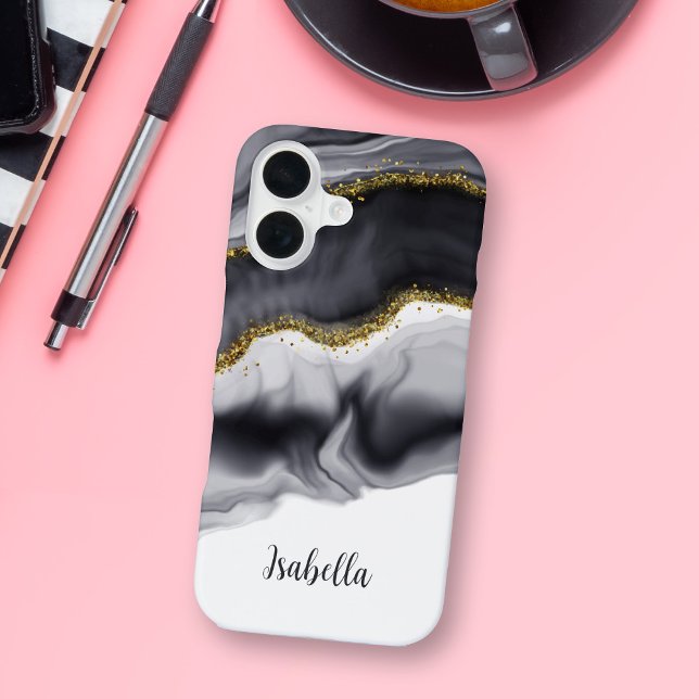 Gold Faux Glitter Black Personalized iPhone 16 Case (Creator Uploaded)