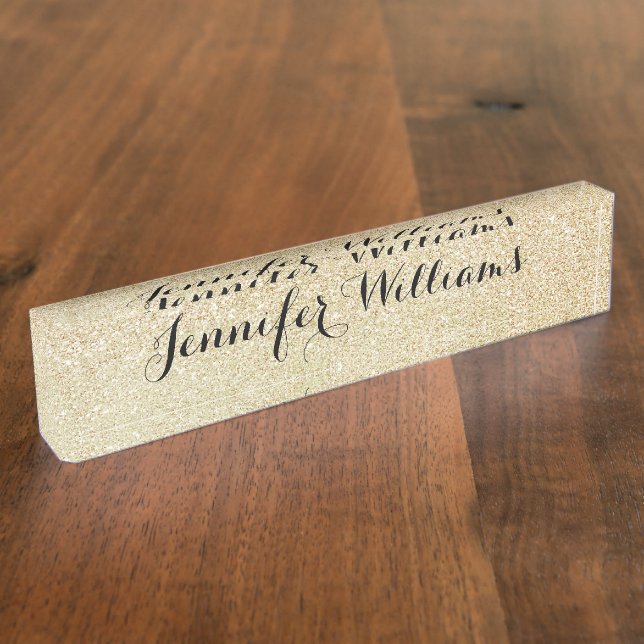 Gold Faux Glitter Black Script Typography Nameplate (Side)