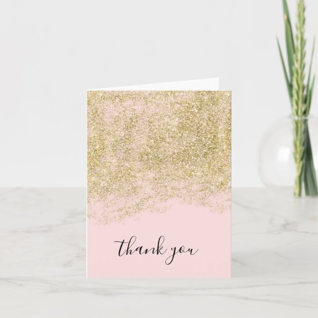 Gold Faux Glitter Blush Pink Sparkle Thank You Card (Front)