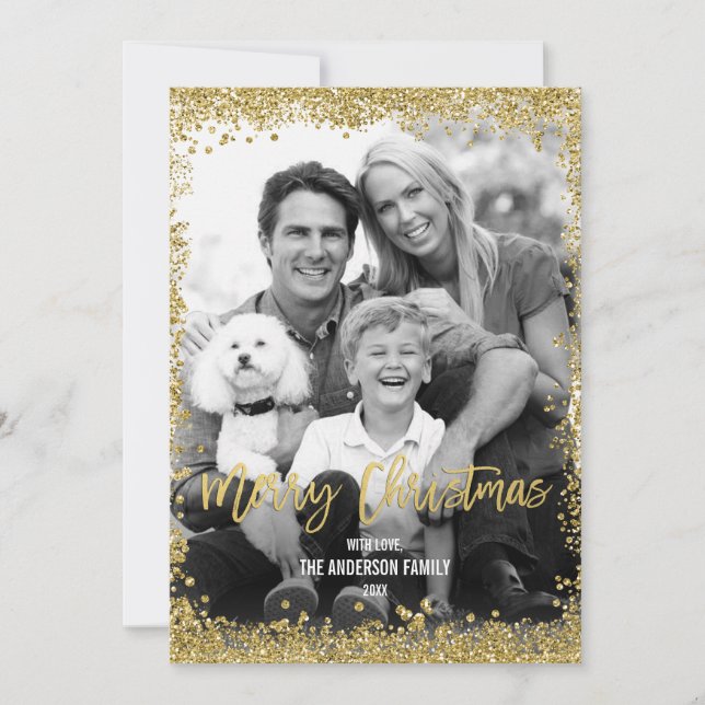 Gold Faux Glitter Border Christmas Holiday Photo Card (Front)