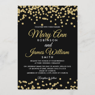 Gold Faux Glitter Confetti Elegant Wedding Black Invitation