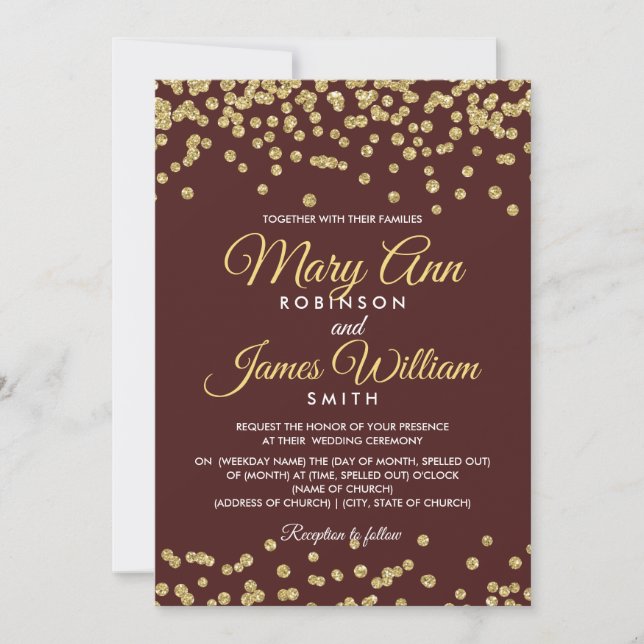 Gold Faux Glitter Confetti Elegant Wedding Marsala Invitation (Front)