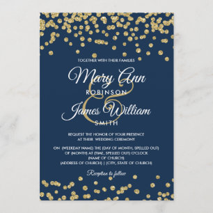 Gold Faux Glitter Confetti Elegant Wedding Navy Invitation