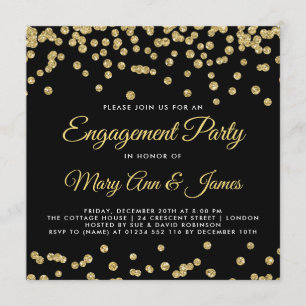 Gold Faux Glitter Confetti Engagement Party Black Invitation