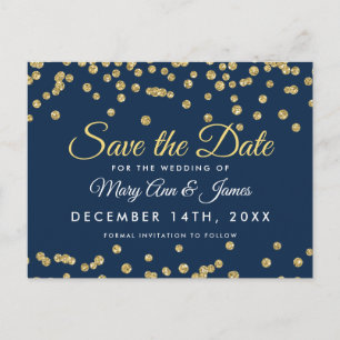 Gold Faux Glitter Confetti Navy Blue Save The Date Announcement Postcard