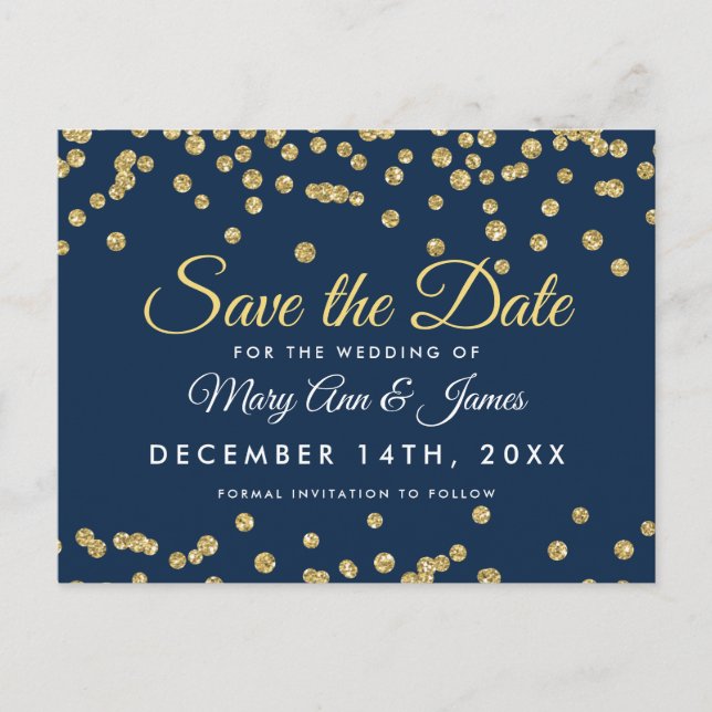 Gold Faux Glitter Confetti Navy Blue Save The Date Announcement Postcard (Front)