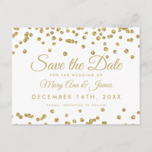 Gold Faux Glitter Confetti White Save The Date Announcement Postcard