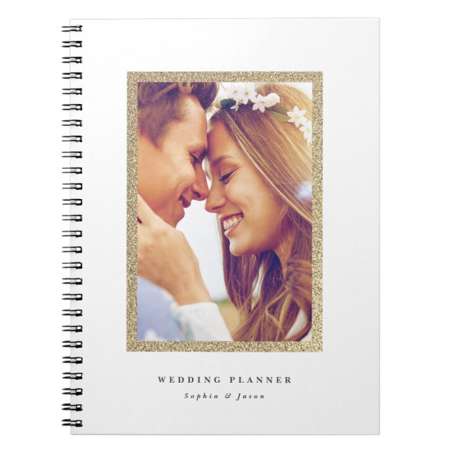 Gold faux glitter frame wedding planning notebook (Front)