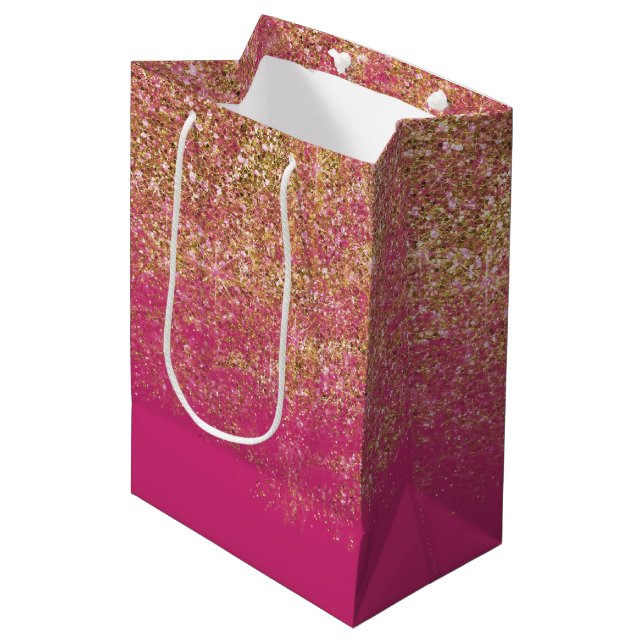 Gold Faux Glitter Girly Pink Sparkle Medium Gift Bag (Front Angled)
