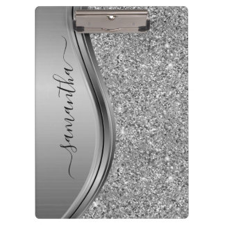 Gold Faux Glitter Handwritten Name Metal Monogram Clipboard