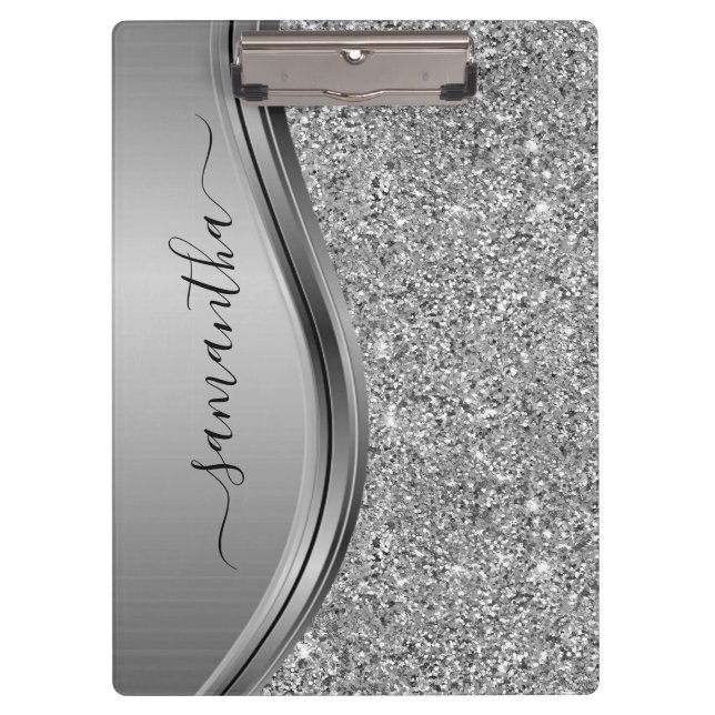 Gold Faux Glitter Handwritten Name Metal Monogram  Clipboard (Front)