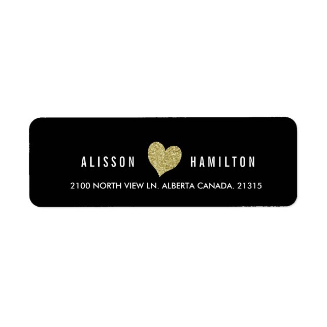 Gold Faux Glitter Heart on Black | Return Address (Front)