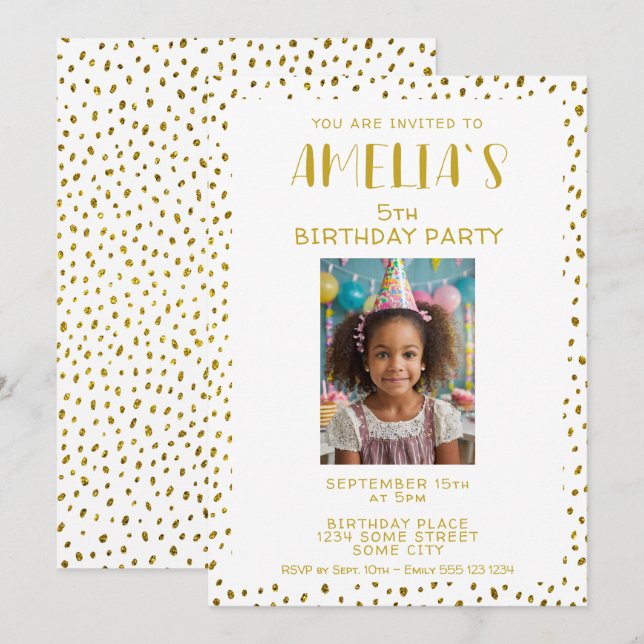 Gold Faux Glitter Kids Girl Photo Birthday Invitation (Front/Back)