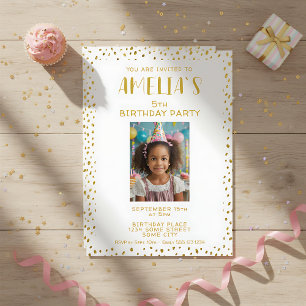 Gold Faux Glitter Kids Girl Photo Birthday Invitation