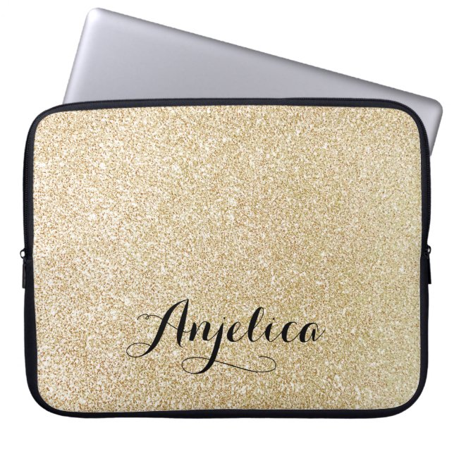 Gold Faux Glitter Personalized Name Laptop Sleeve (Front)