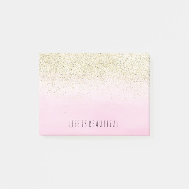 Gold Faux Glitter Pink Watercolor Personalized Post-it Notes (Front)