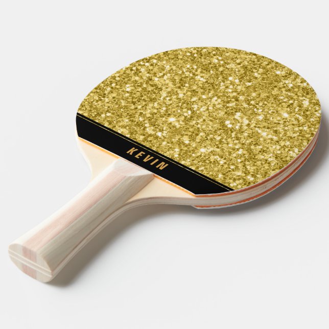 Gold Faux Glitter Print Monogram Ping Pong Paddle (Front Angle)