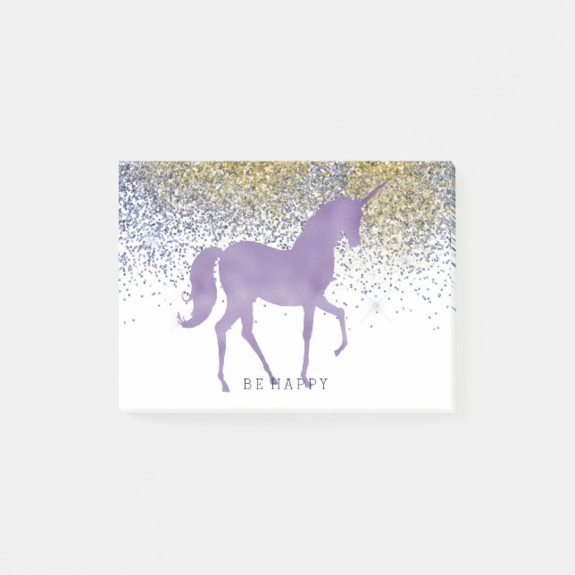 Gold Faux Glitter Purple Unicorn Personalized Post-it Notes (Front)