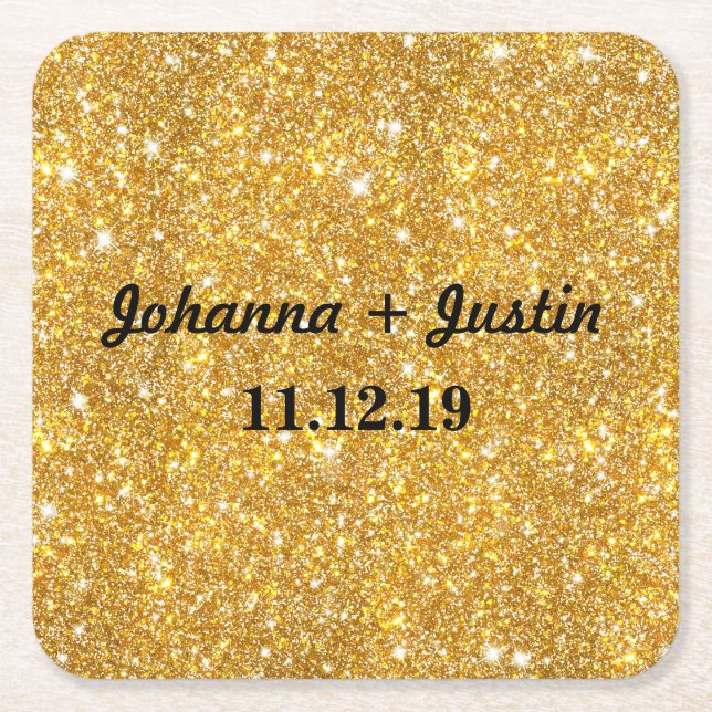 Gold Faux Glitter Shining Pattern Bling Wedding Square Paper Coaster (Front)