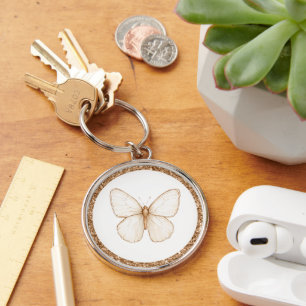 Gold Faux Glitter White Butterfly Keychain