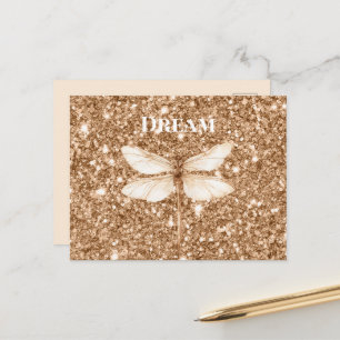 Gold Faux Glitter White Dragonfly Postcard