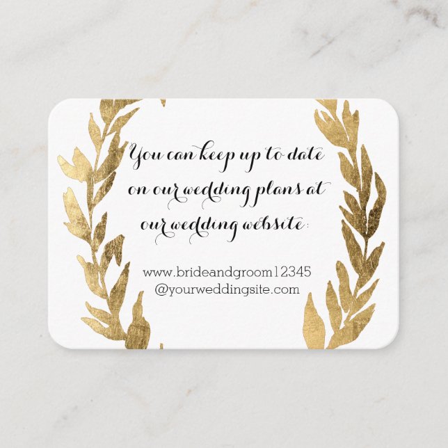 Gold Faux Laurel Olive Leaf Wreath Wedding Website Enclosure Card (Front)