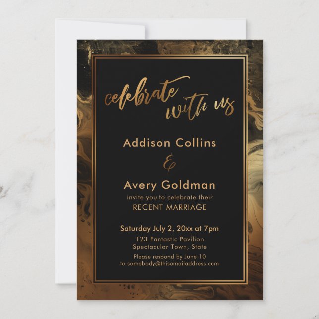 Gold Faux Metallic Black Marble Celebrate with Us Invitation (Front)