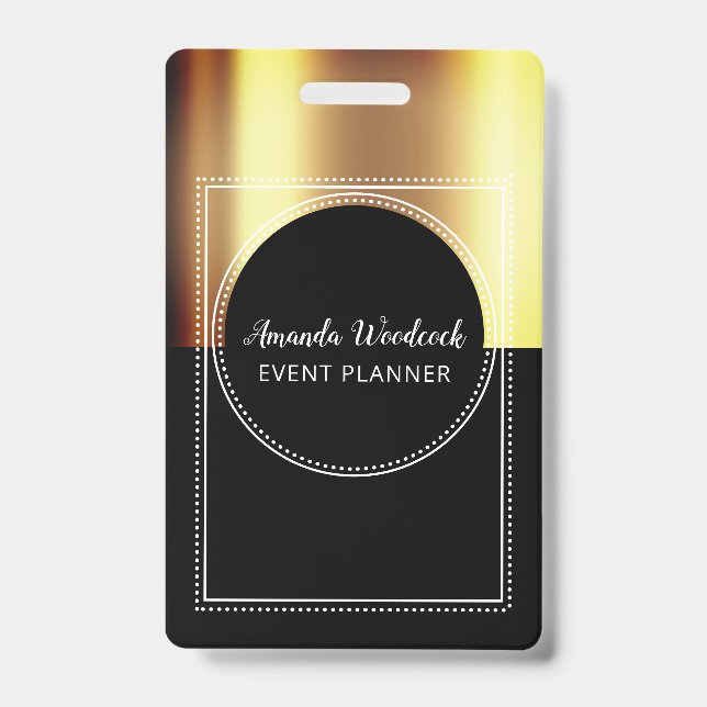 Gold Faux Metallic On Black Event Planner Name Badge (Front)
