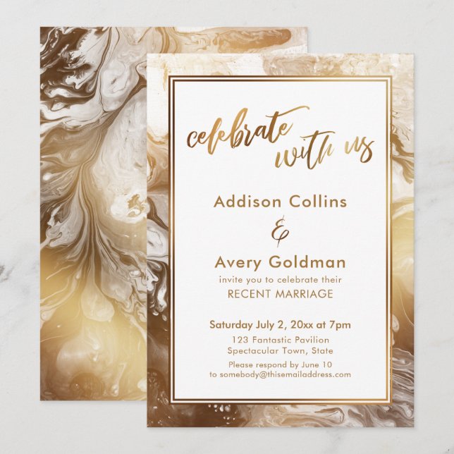 Gold Faux Metallic White Marble Celebrate with Us Invitation (Front/Back)