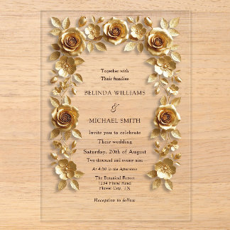 Gold Faux Relief Roses Frame Wedding Transparent Acrylic Invitations