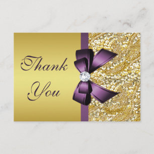 Gold Faux Sequins Diamonds Purple Bow Thank You Card