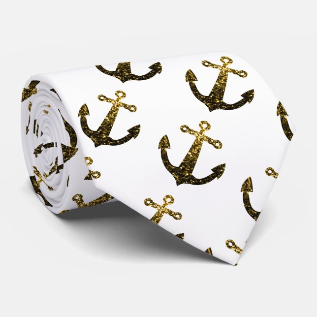 Gold faux sparkle Anchor pattern white (2 sided) Tie (Rolled)