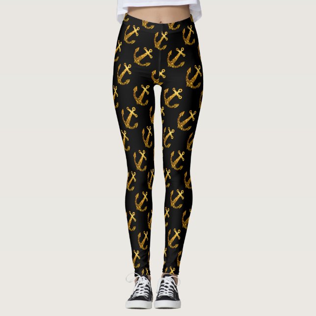 Gold faux sparkle Anchor summer pattern black Leggings (Front)