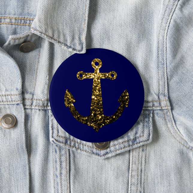 Gold faux sparkle glitter Anchor navy blue 4 Inch Round Button (In Situ)