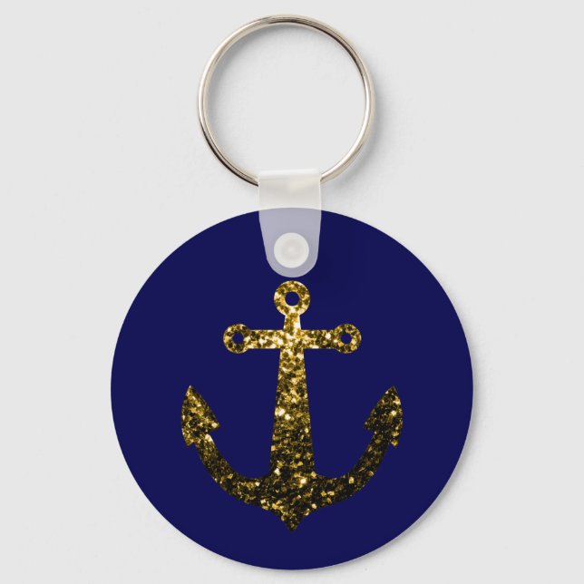 Gold faux sparkle glitter Anchor navy blue Keychain (Front)