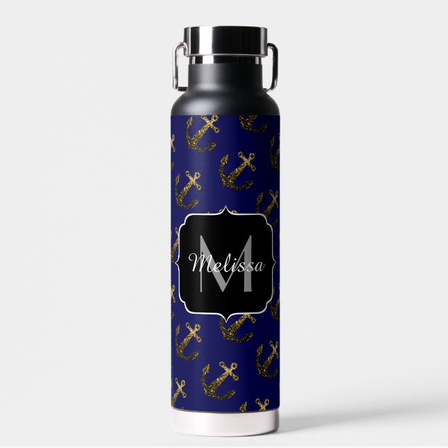 Gold faux sparkle glitter Anchor pattern Monogram Water Bottle (Front)