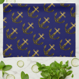 Gold faux sparkle glitter Anchor pattern navy blue Kitchen Towel