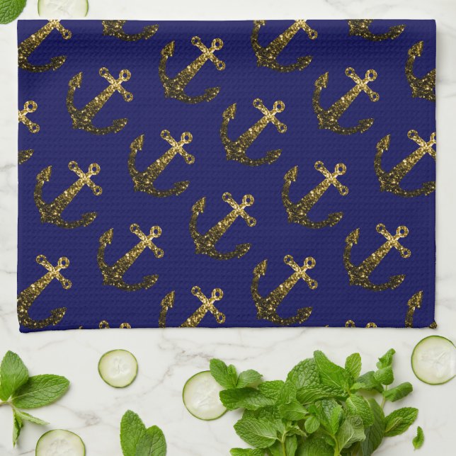 Gold faux sparkle glitter Anchor pattern navy blue Kitchen Towel (Folded)