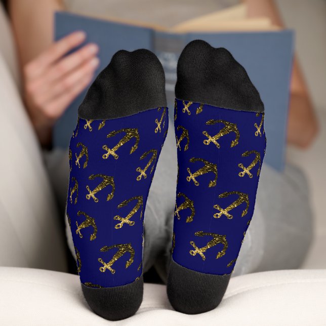 Gold faux sparkle glitter Anchor pattern navy blue Socks (Bottom)