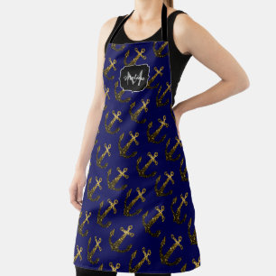 Gold faux sparkles Anchor pattern navy Monogram Apron