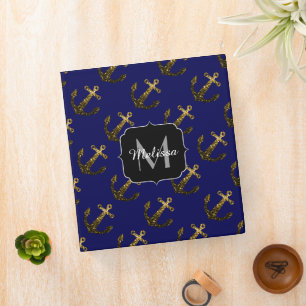 Gold faux sparkles Anchor pattern navy Monogram Binder