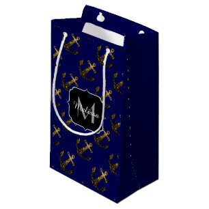 Gold faux sparkles Anchor pattern navy Monogram Small Gift Bag