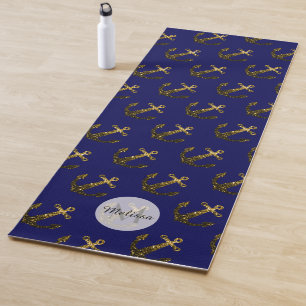 Gold faux sparkles Anchor pattern navy Monogram Yoga Mat