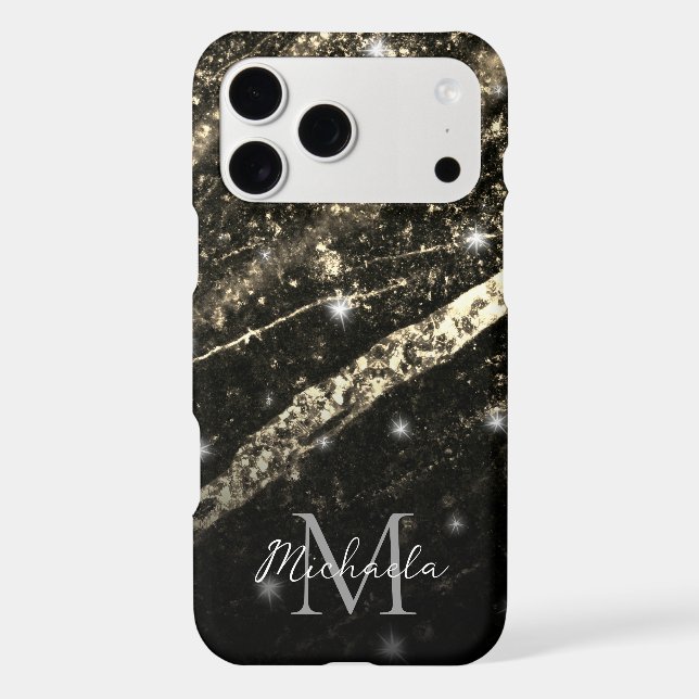 Gold faux sparkly line black abstract Monogram (Back)